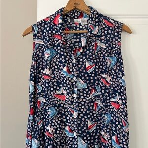 La Cera Sailboat Print Maxi Dress Button Up w Pockets, Collar Lrg w MEASUREMENTS